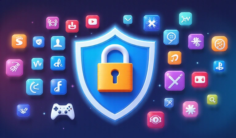 Illustration d'un utilisateur sécurisant son compte avec un cadenas et des icônes de jeux vidéo