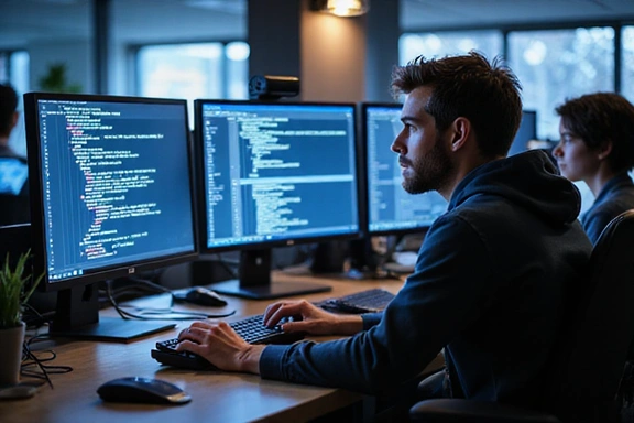 Developers coding on computers, showing progress on Junocore platform